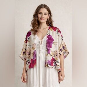 Odille (Anthro) Silk Floral Kimono Duster Cardigan XS Oversized Boho